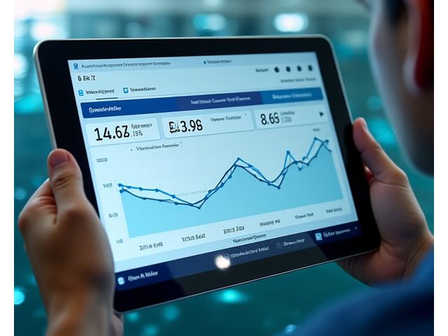 Painel interativo exibindo métricas de desempenho de uma fazenda de aquicultura, incluindo temperatura da água, níveis de oxigênio e taxa de crescimento dos peixes.