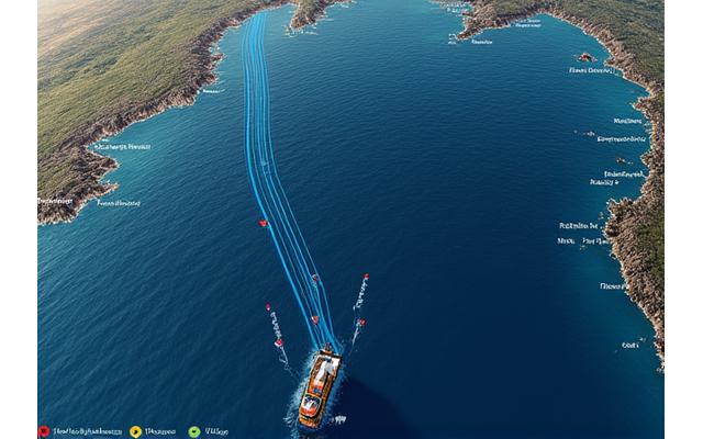 Screenshot de um mapa com rotas de pesca otimizadas e zonas de abundância de peixes destacadas.