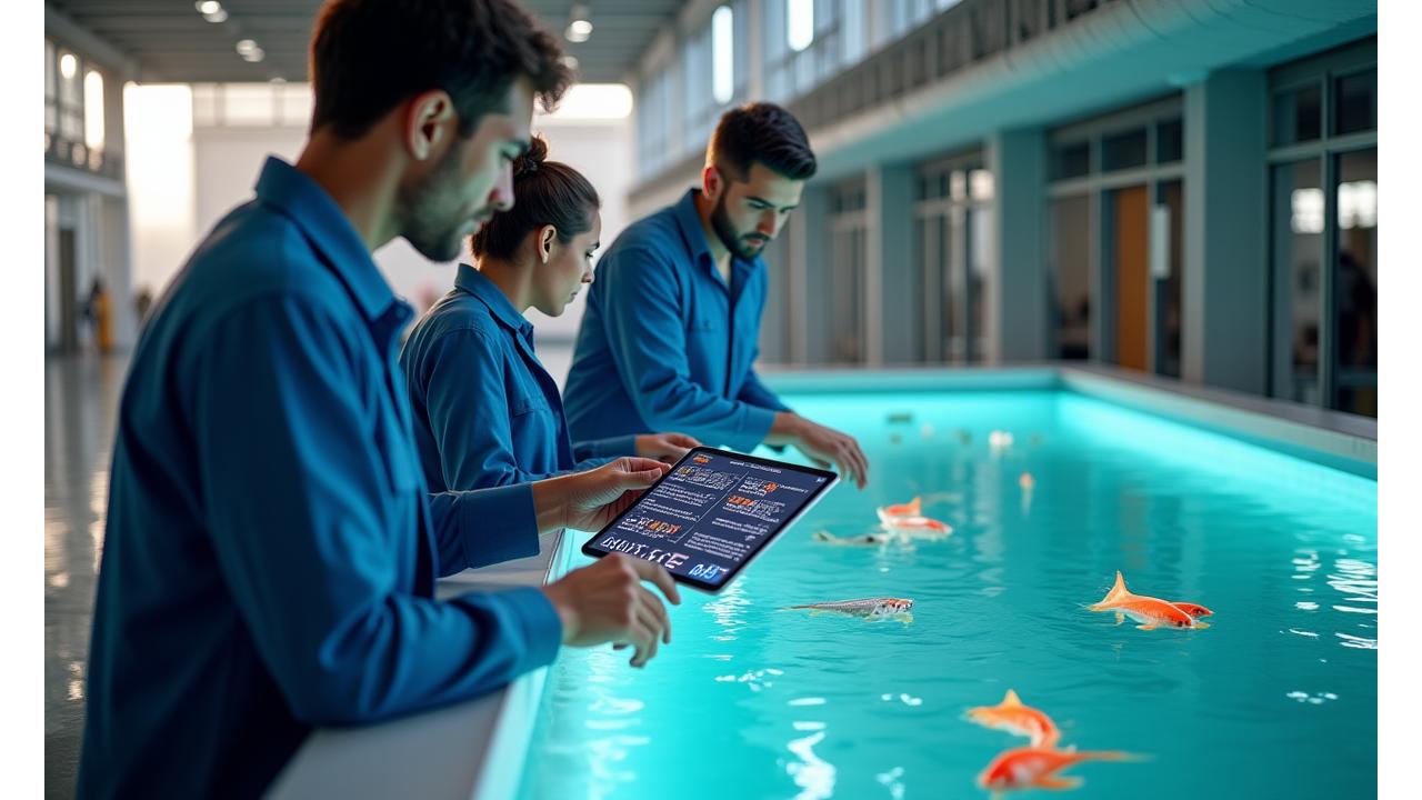 Equipe técnica instalando sensores e câmeras em um viveiro de aquicultura, com tablets mostrando interfaces de IA, em um ambiente de fazenda de peixes moderna.