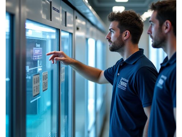 Equipa de técnicos da Ritmo Oceano a instalar discretamente um sistema de alimentação automatizada em uma fazenda de peixes, com um técnico explicando a funcionalidade a um proprietário.