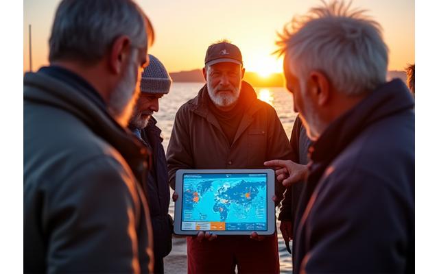 Pescadores de uma cooperativa analisando um tablet com dados
