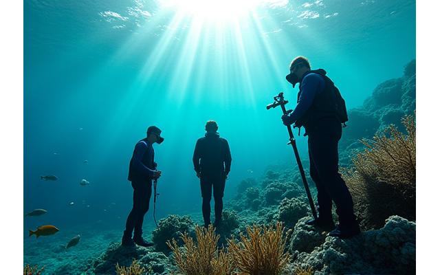 Cientistas marinhos coletando dados em um recife de coral