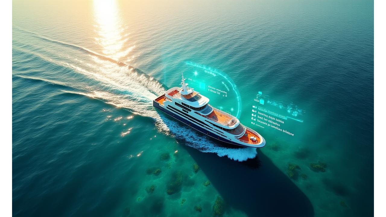 Representação artística de um oceano limpo com uma embarcação de pesca sustentável, linhas conectando a dados de CO2 reduzido e áreas marinhas protegidas em um mapa, simbolizando o impacto positivo da tecnologia.