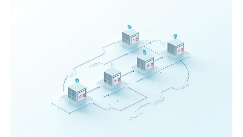 Representação visual de dados fluindo de forma segura entre diferentes sistemas, com ícones de cadeados e engrenagens.