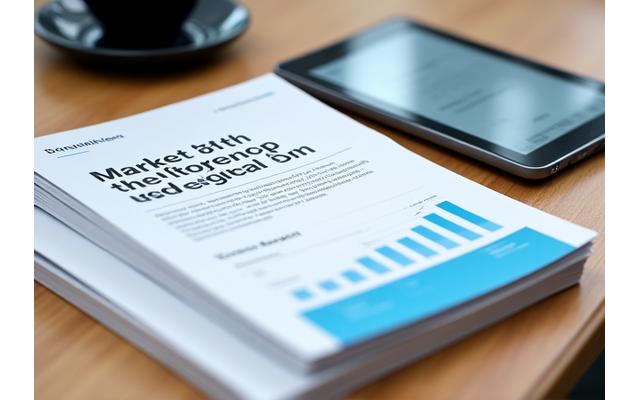 Pilha de relatórios de mercado com gráficos visíveis, sobre uma mesa de escritório moderna