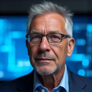 Retrato detalhado do Dr. Carlos Silva em ambiente de escritório, demonstrando foco e seriedade, com elementos futuristas de dados ao fundo.