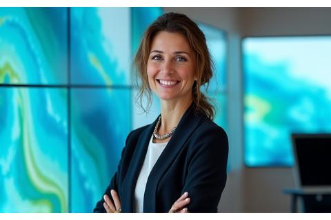 Retrato profissional da Dra. Ana Pereira, uma mulher com um sorriso confiante, em um ambiente moderno com dados oceanográficos exibidos.