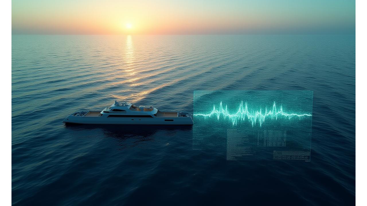 Vista aérea de um oceano calmo ao nascer do sol, com ondas suaves e um barco de pesquisa ao longe, simbolizando a fusão de ciência e natureza.