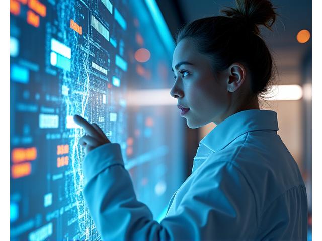 Visão detalhada de um cientista de dados trabalhando em um ambiente de laboratório futurista, com projeções holográficas de modelos matemáticos e dados oceânicos flutuando ao redor.